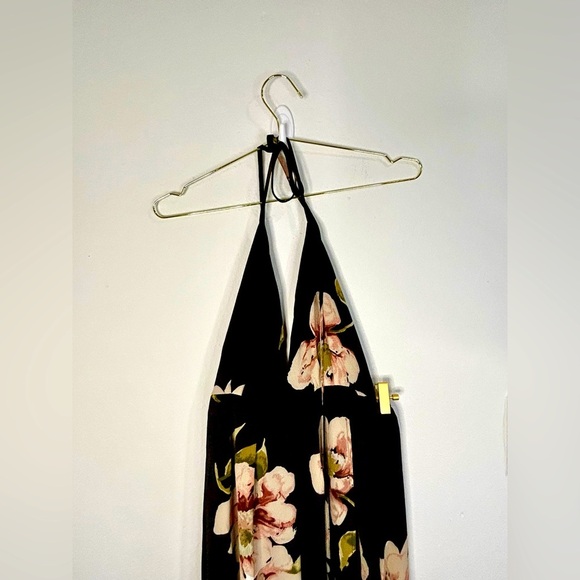 Boho Floral Halter Maxi Dress Small Black Pink Tie Back Lightweight Vacation - Picture 4 of 12